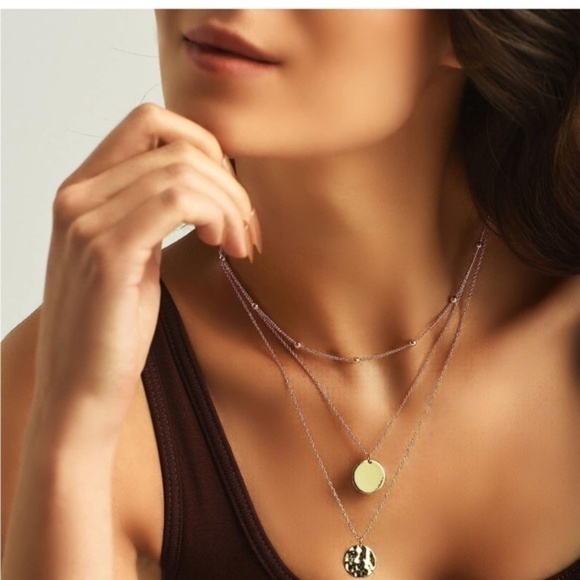 Jewelry - Gold 18k Gold Plated 3pc Beaded Textured Disc Pendant Necklace